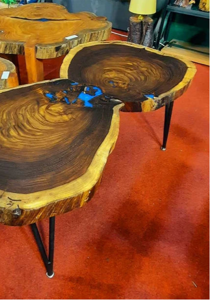 Set of 2 Sheesham Wood Live Edge Center Tables with Resin Inlay