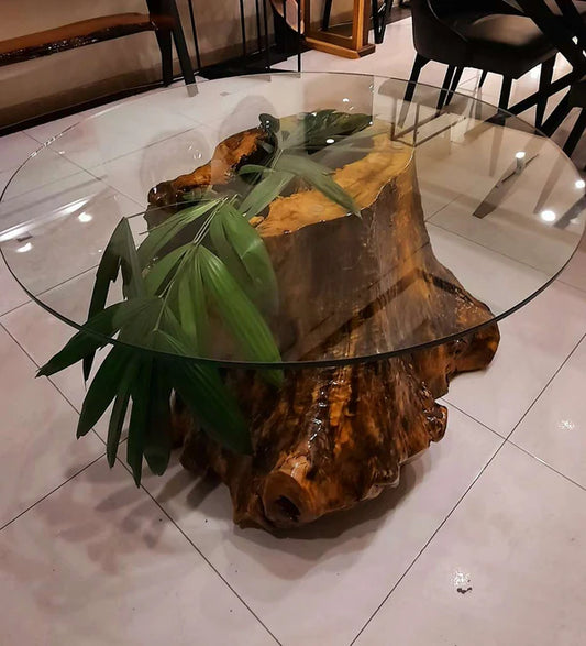 Rustic Tree Trunk Glass Top Table Natural Accent | Craft Edges