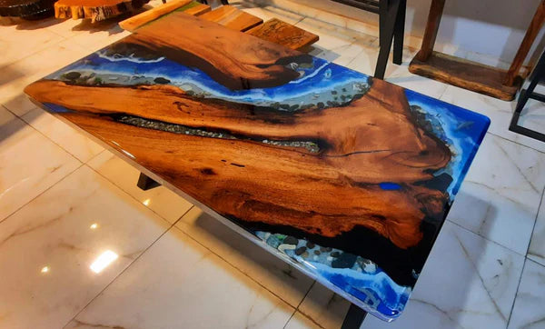 Handcrafted Ocean-Inspired Resin River Table with Solid Wood Slab