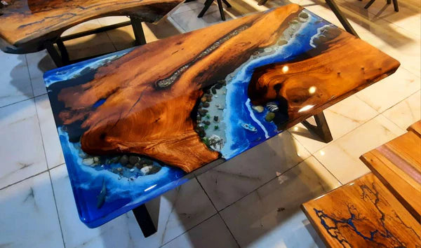 Handcrafted Ocean-Inspired Resin River Table with Solid Wood Slab