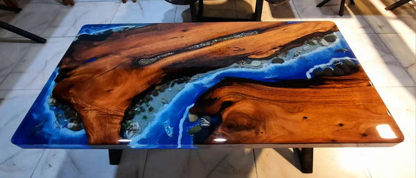 Handcrafted Ocean-Inspired Resin River Table with Solid Wood Slab