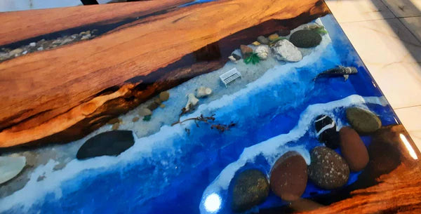 Handcrafted Ocean-Inspired Resin River Table with Solid Wood Slab