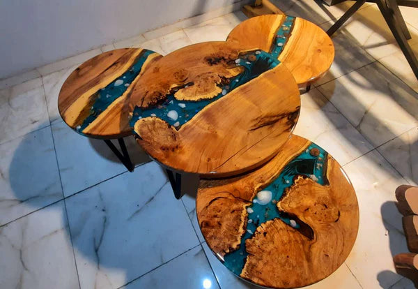 Set of 4 Round Epoxy Resin & Wood Center Tables – Aqua River Design