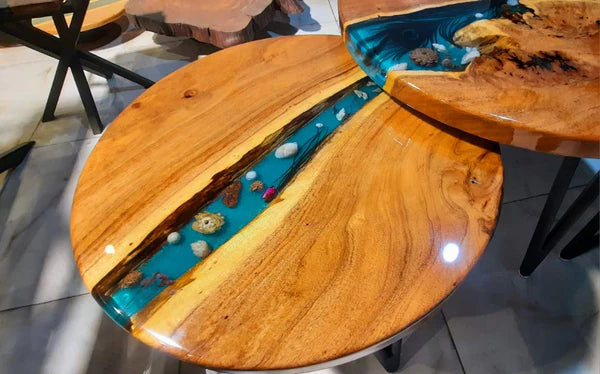Set of 4 Round Epoxy Resin & Wood Center Tables – Aqua River Design