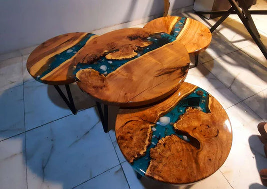 Set of 4 Round Epoxy Resin & Wood Center Tables – Aqua River Design