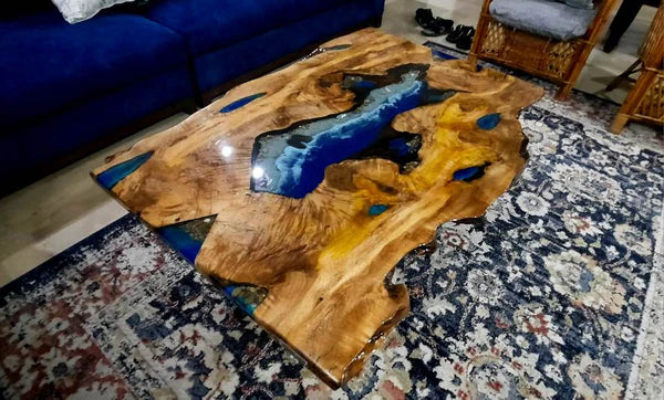 Live Edge Center Table with Ocean Blue Epoxy River – Handcrafted Natural Wood