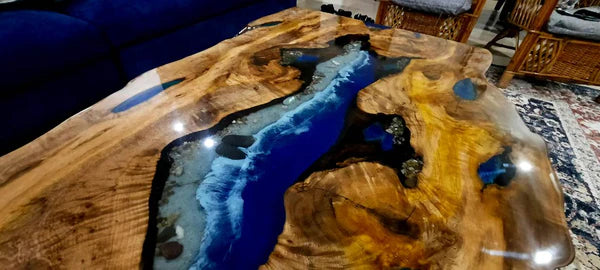 Live Edge Center Table with Ocean Blue Epoxy River – Handcrafted Natural Wood