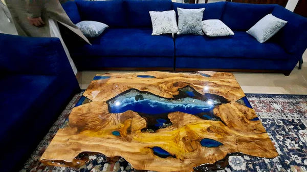 Live Edge Center Table with Ocean Blue Epoxy River – Handcrafted Natural Wood