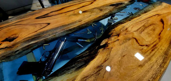 Armory-Themed Epoxy Resin Center Table with Embedded Collectibles