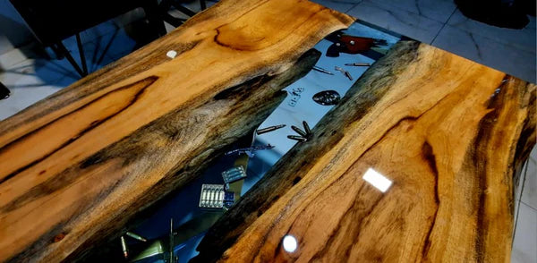 Armory-Themed Epoxy Resin Center Table with Embedded Collectibles