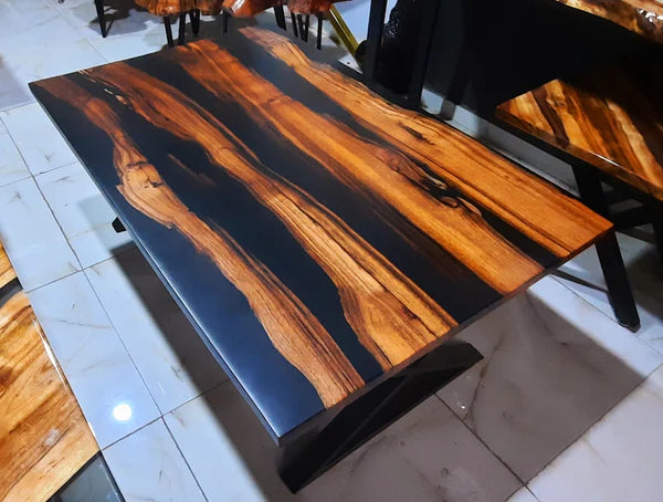Modern Wood Surface Center Table with Natural Grain and Sleek Black Accents
