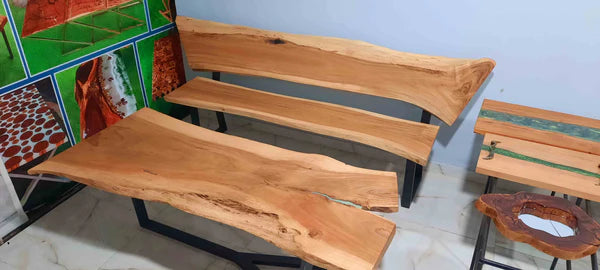 Live Edge Solid Wood Bench & Table Set – Natural Slab Seating with Industrial Base