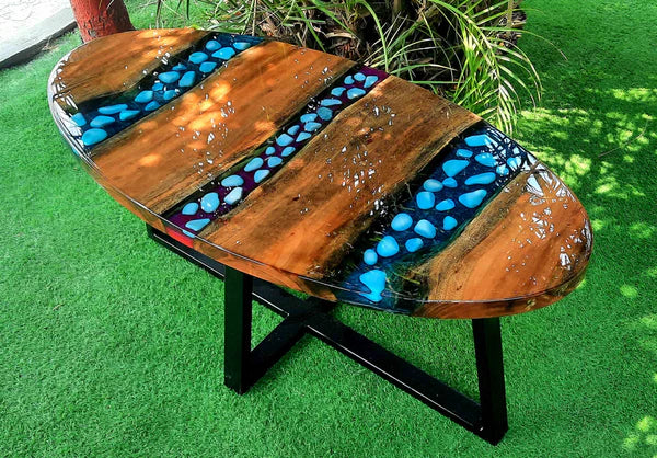 Aqua Gemstone Epoxy Oval Center Table Artistic Decor | Craft Edges