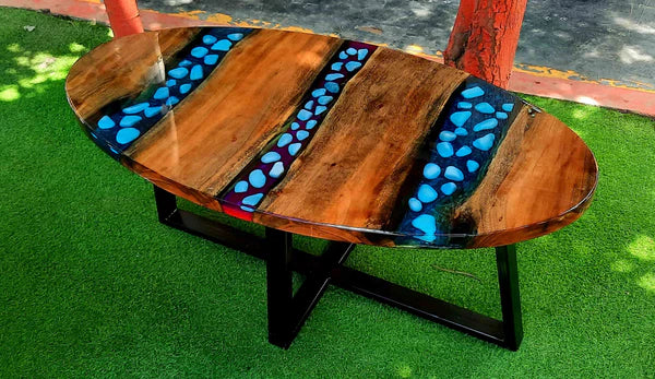 Aqua Gemstone Epoxy Oval Center Table Artistic Decor | Craft Edges