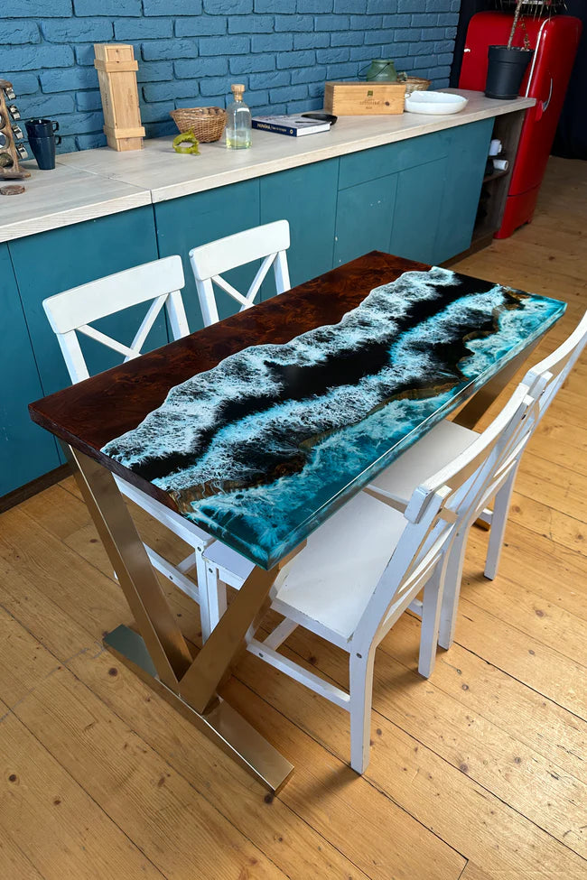 Rectangular Epoxy Table with Ocean Wave for 4