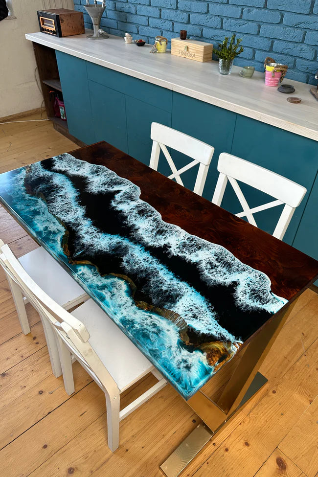 Rectangular Epoxy Table with Ocean Wave for 4