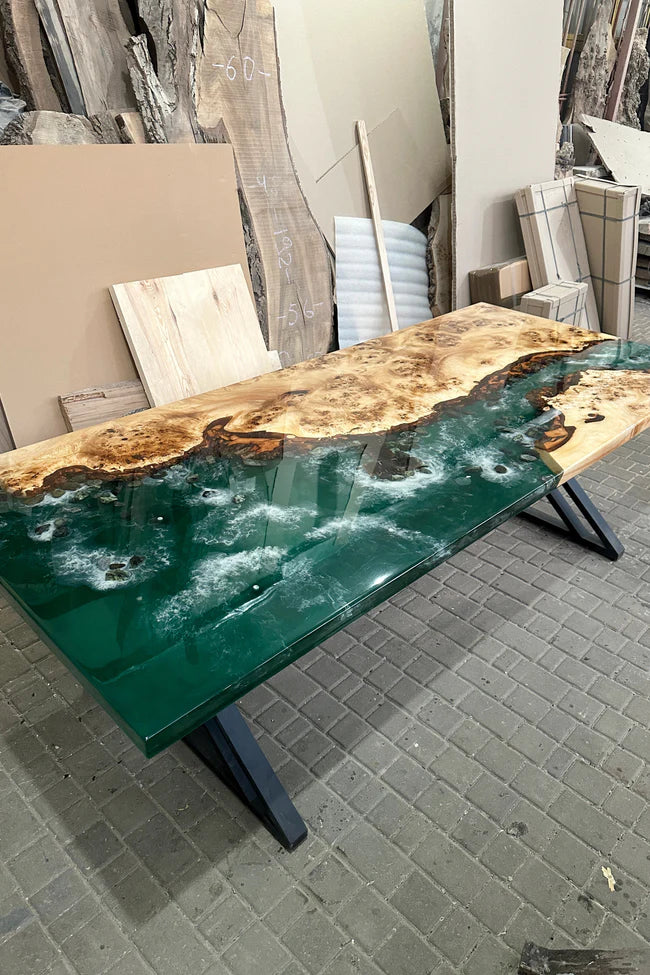 Green Ocean Epoxy River Dining Table