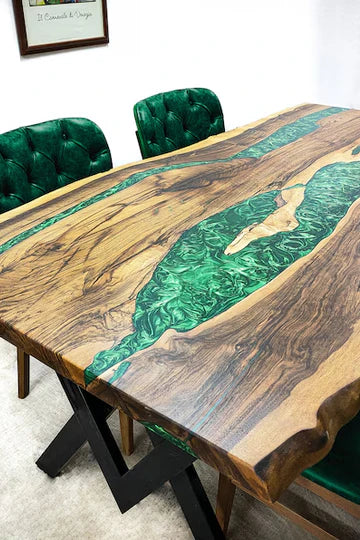 4 seater Black Walnut Wood Pearl Green Epoxy River Dining Table
