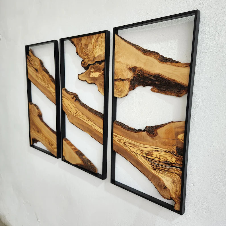 Set of 3 – Handcrafted Metal & Olive Wood Wall Art | Rustic Live Edge Decor