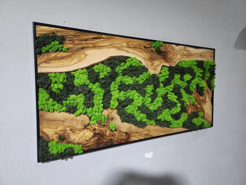 Custom Made Moss and Olive Wood Wall Art, Metal Frame,