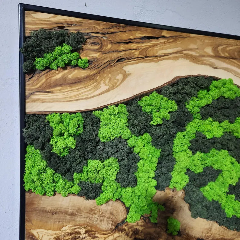 Custom Made Moss and Olive Wood Wall Art, Metal Frame,