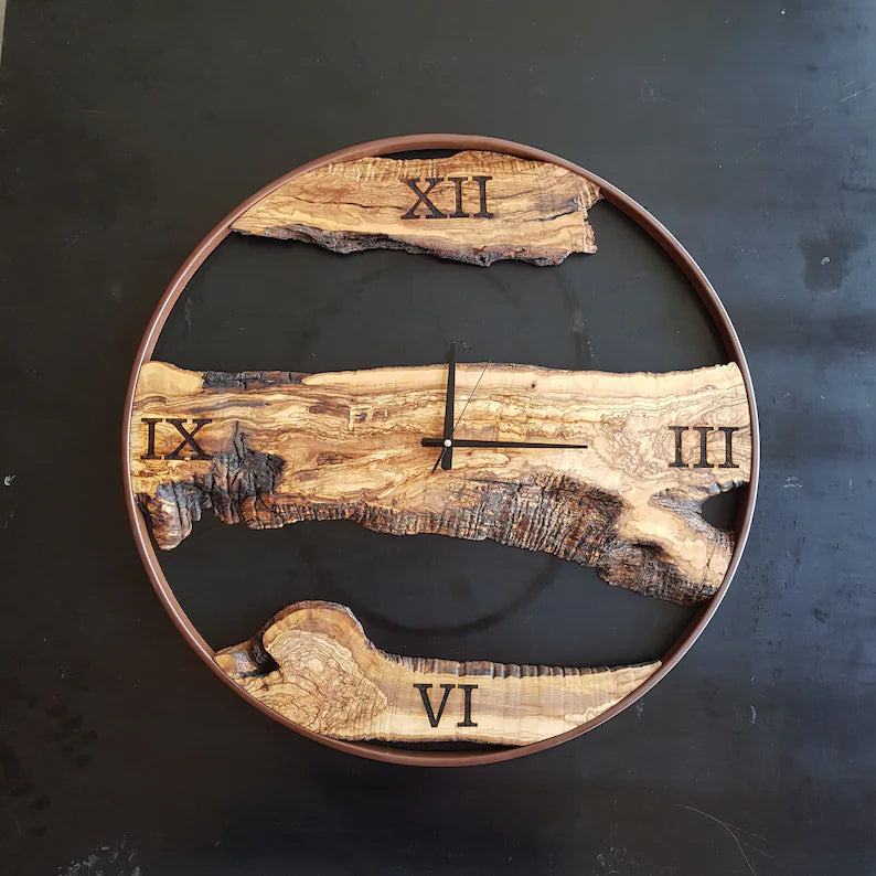 Custom Made Metal & Olive Wood Wall Clock