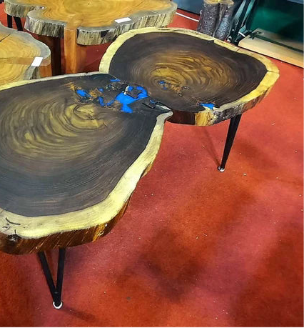 Set of 2 Sheesham Wood Live Edge Center Tables with Resin Inlay