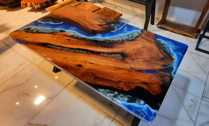 Handcrafted Ocean-Inspired Resin River Table with Solid Wood Slab