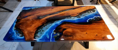 Handcrafted Ocean-Inspired Resin River Table with Solid Wood Slab