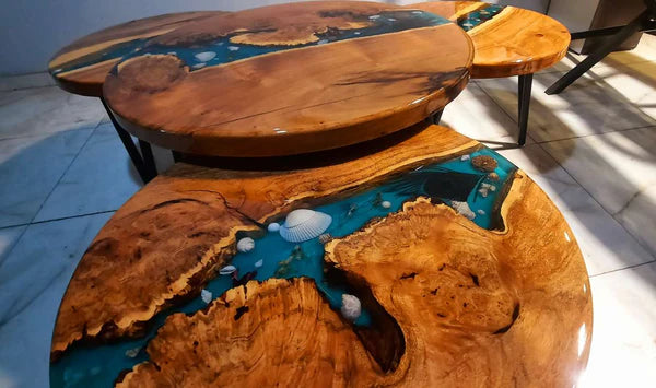 Set of 4 Round Epoxy Resin & Wood Center Tables – Aqua River Design