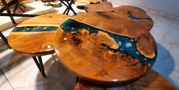 Set of 4 Round Epoxy Resin & Wood Center Tables – Aqua River Design