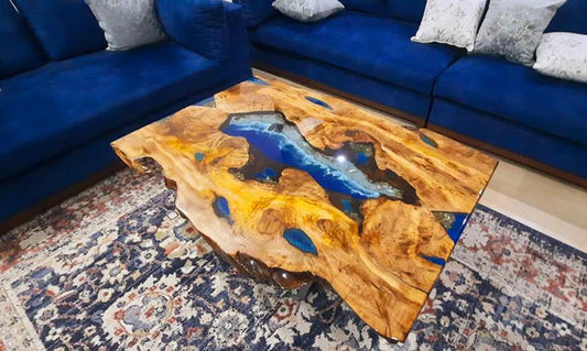 Live Edge Center Table with Ocean Blue Epoxy River – Handcrafted Natural Wood