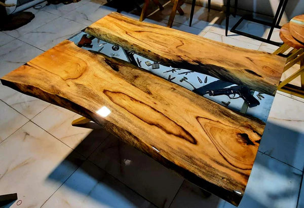 Armory-Themed Epoxy Resin Center Table with Embedded Collectibles