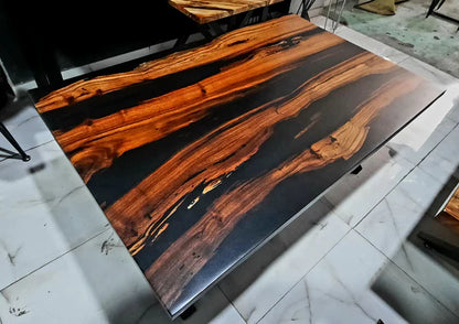 Modern Wood Surface Center Table with Natural Grain and Sleek Black Accents