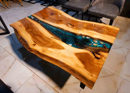 Live Edge Epoxy Resin River Table – Peacock Feather Inlay Centerpiece