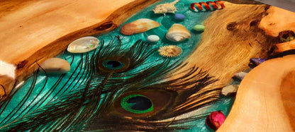 Live Edge Epoxy Resin River Table – Peacock Feather Inlay Centerpiece