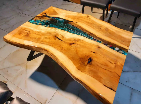 Live Edge Epoxy Resin River Table – Peacock Feather Inlay Centerpiece