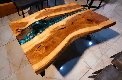 Live Edge Epoxy Resin River Table – Peacock Feather Inlay Centerpiece