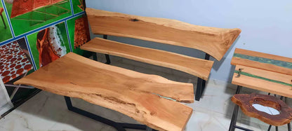 Live Edge Solid Wood Bench & Table Set – Natural Slab Seating with Industrial Base