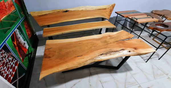 Live Edge Solid Wood Bench & Table Set – Natural Slab Seating with Industrial Base