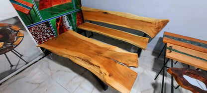 Live Edge Solid Wood Bench & Table Set – Natural Slab Seating with Industrial Base
