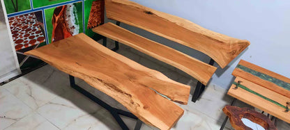 Live Edge Solid Wood Bench & Table Set – Natural Slab Seating with Industrial Base