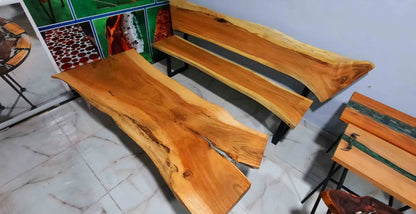 Live Edge Solid Wood Bench & Table Set – Natural Slab Seating with Industrial Base