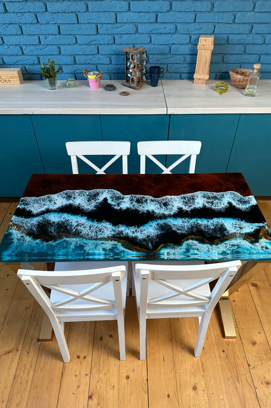 Rectangular Epoxy Table with Ocean Wave for 4