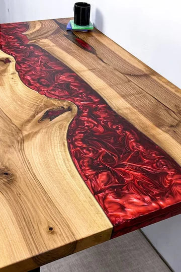 Black Walnut Wood Pearl Red Epoxy River Dining Table