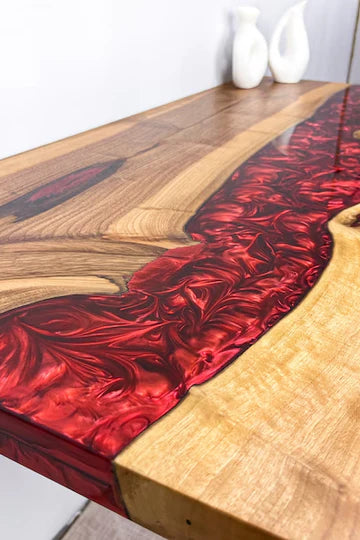 Black Walnut Wood Pearl Red Epoxy River Dining Table