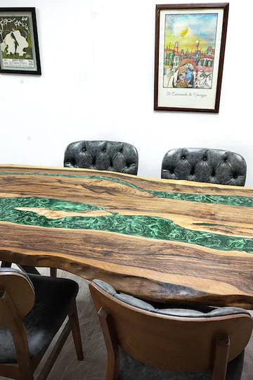 4 seater Black Walnut Wood Pearl Green Epoxy River Dining Table