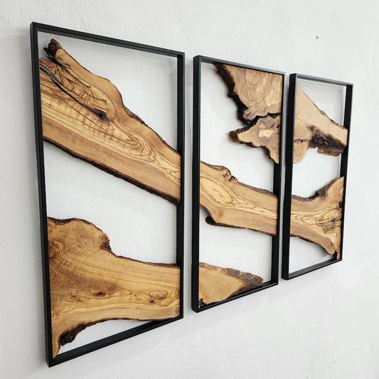 Set of 3 – Handcrafted Metal & Olive Wood Wall Art | Rustic Live Edge Decor