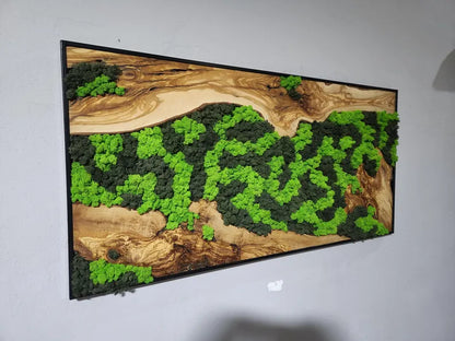 Custom Made Moss and Olive Wood Wall Art, Metal Frame,
