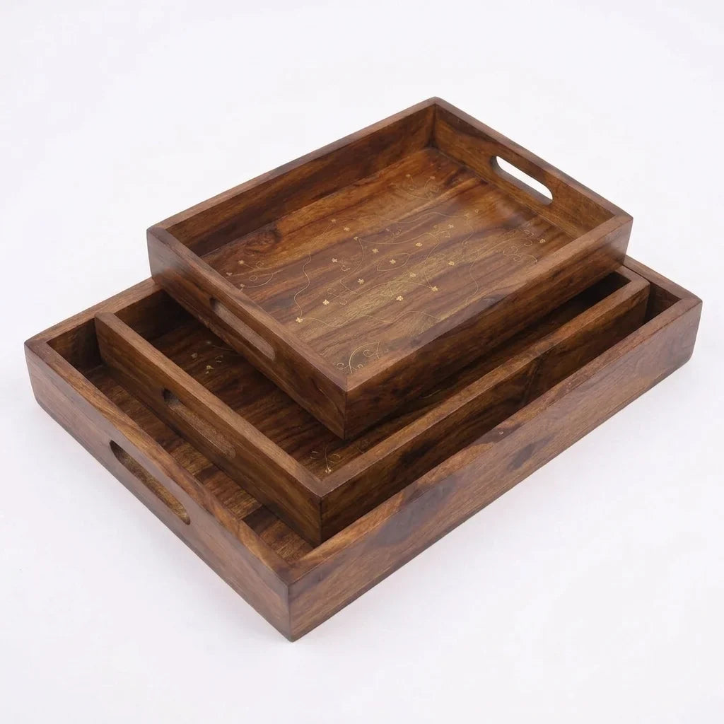 Brass inlay wooden serving tray set of 3 in sheesham wood, handmade in Pakistan by Craft Edges